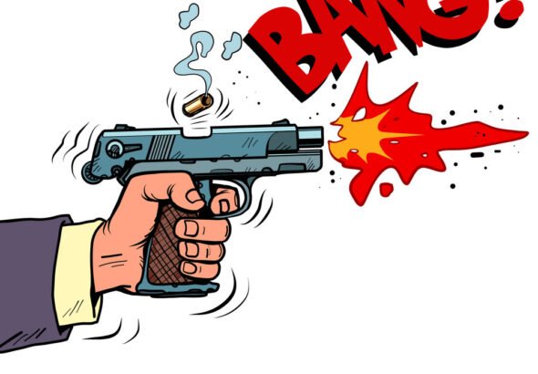 Shot from a gun comic style. Attack bullet attack
