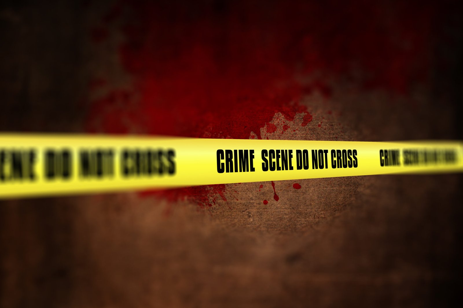 3D police line tape against defocussed blood splatter background